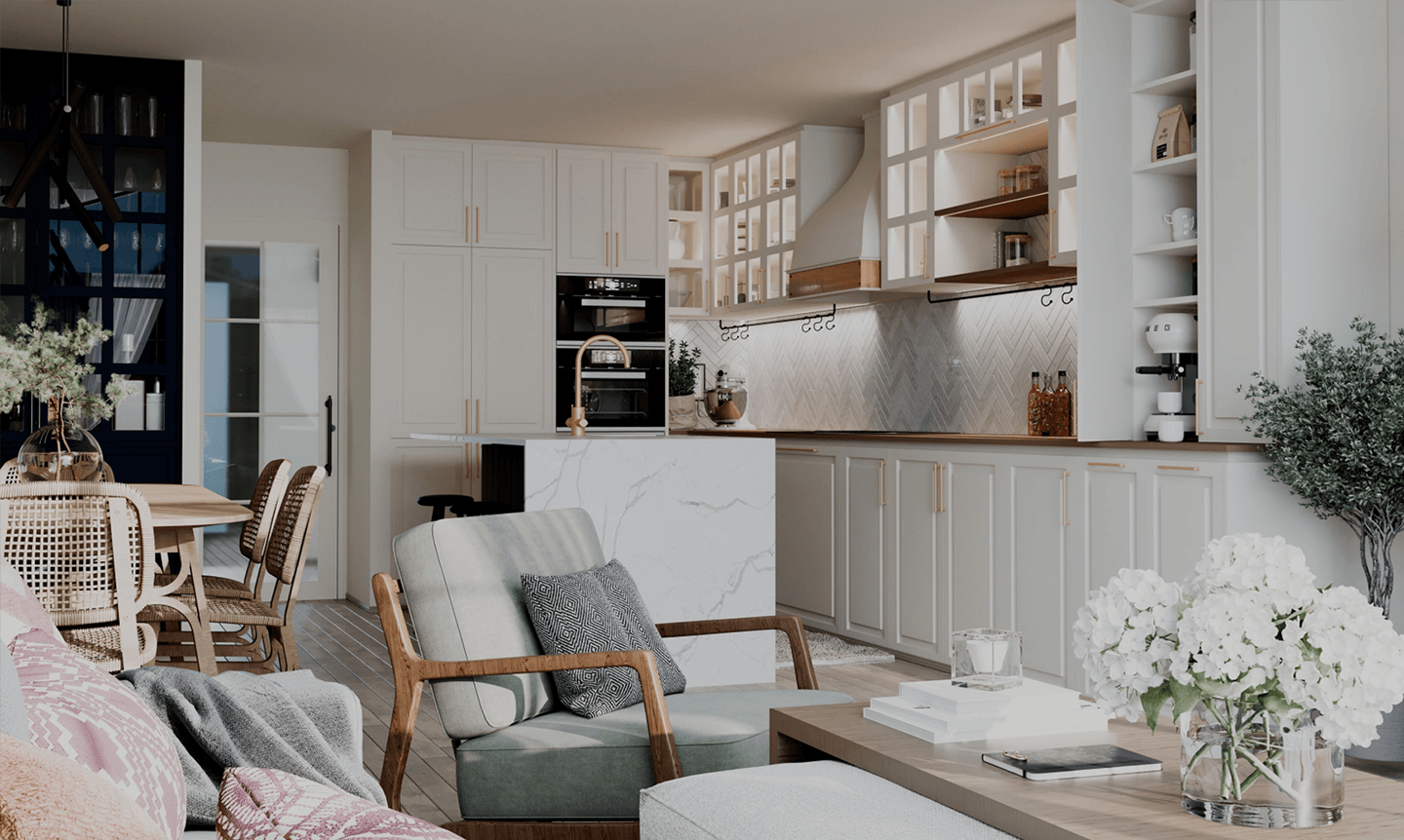 Open-plan kitchen and living area with cream cabinetry, marble island and layered textures