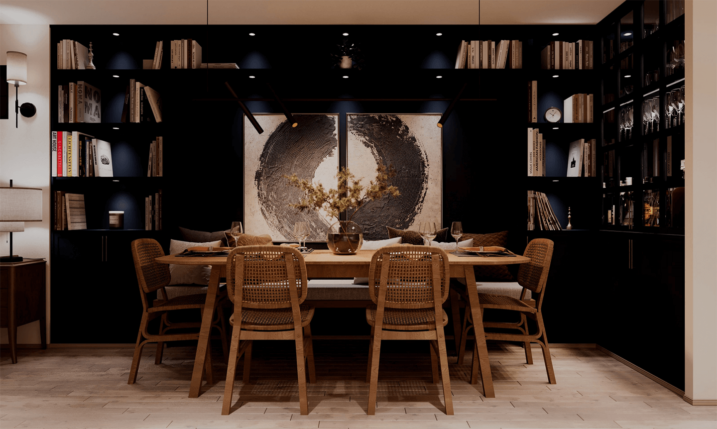 Intimate dining area with dark navy joinery, built-in shelving and statement artwork